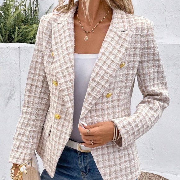 . Jackets & Blazers - Apricot Elegant Womens Plaid Pattern Double Breasted Flap Detail Blazer